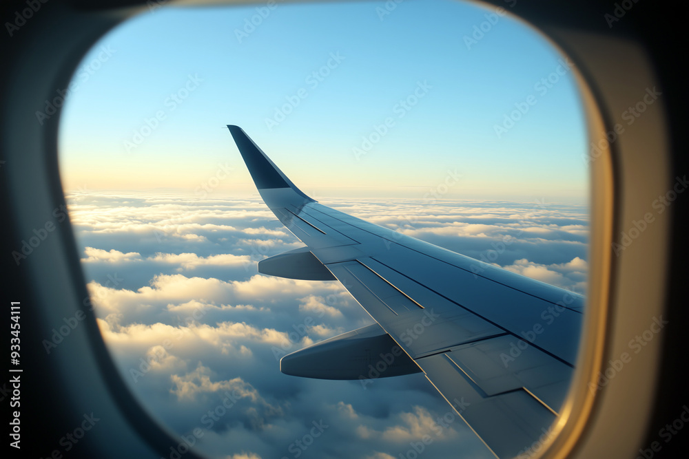 Airplane Wing View at Sunset Through Window Above Clouds Airplane Wing View at Sunset Through Window Above Clouds