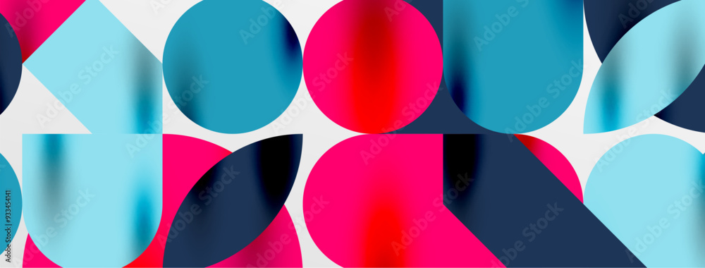 Mosaic geometric elements. Colorful circles, round geometric shapes and lines with shadow 3d effects. Simple forms abstract background for wallpaper, banner, template or landing Mosaic geometric elements. Colorful circles, round geometric shapes and lines with shadow 3d effects. Simple forms abstract background for wallpaper, banner, template or landing