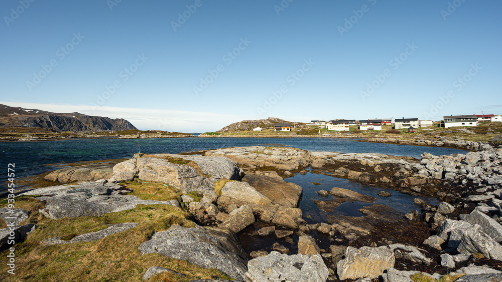 view of the village of Gjesvaer during a sunny spring day, north Cape, mageroya island, Norway view of the village of Gjesvaer during a sunny spring day, north Cape, mageroya island, Norway