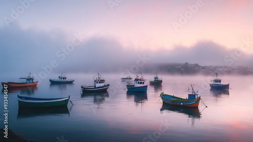 Quiet Harbor at Dawn with Colorful Fishing Boats Bobbing on the Water and Mist Rising from the Sea. AI generated illustration