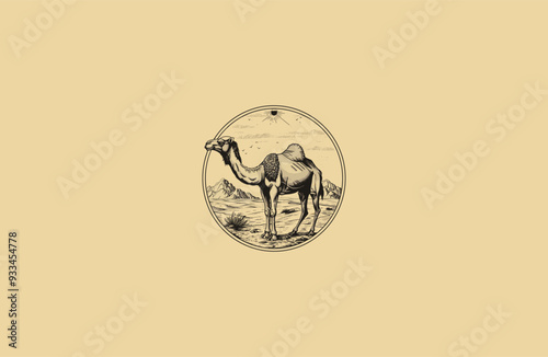 camels in the desert vintage design vector illustration