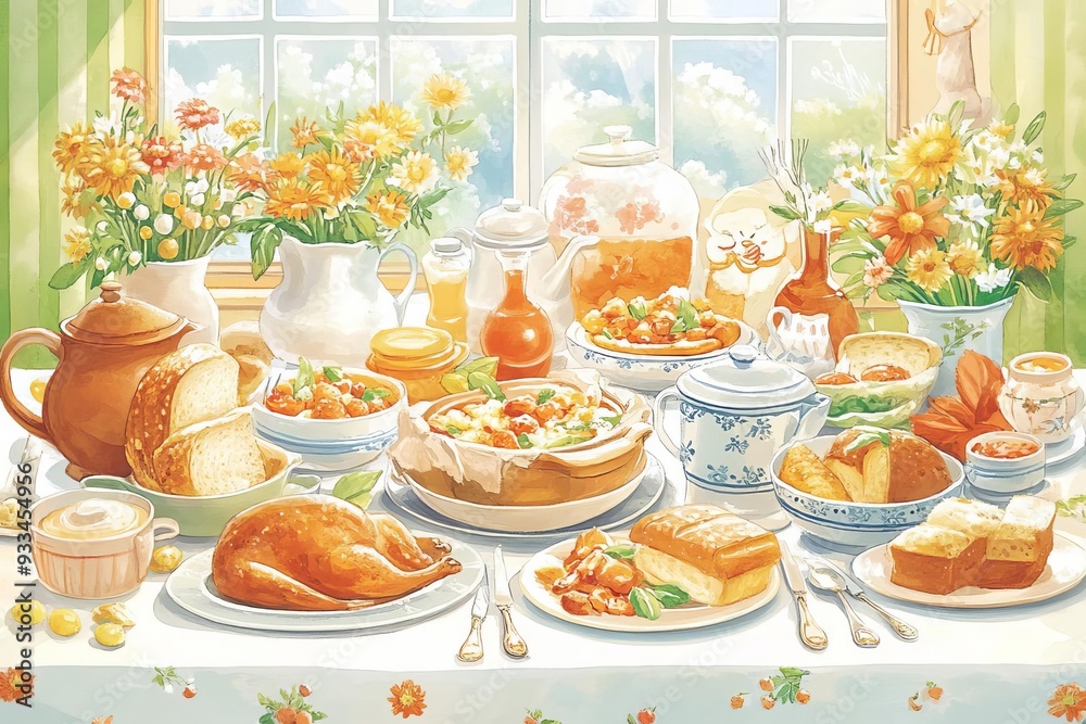 A nostalgic illustration of a family gathered around a table, enjoying a homemade Sunday dinner A nostalgic illustration of a family gathered around a table, enjoying a homemade Sunday dinner