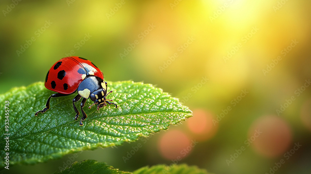 red ladybug rests delicately on a lush green leaf, capturing the serene beauty of nature. The close-up shot highlights the ladybug's detailed patterns, symbolizing good luck, protection, and renewal red ladybug rests delicately on a lush green leaf, capturing the serene beauty of nature. The close-up shot highlights the ladybug's detailed patterns, symbolizing good luck, protection, and renewal