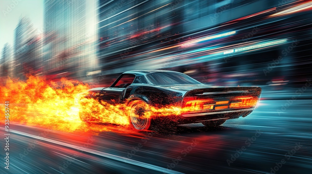 Fototapeta premium Rev Up Your Space: Vintage Car Racing Poster with Vibrant Flames and Urban Vibes – Perfect for Sports Interiors and Auto Enthusiasts!
