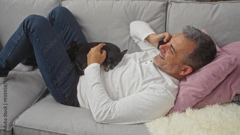 A middle-aged man relaxing on a couch with two chihuahuas in a cozy living room, smiling while talking on the phone. A middle-aged man relaxing on a couch with two chihuahuas in a cozy living room, smiling while talking on the phone.