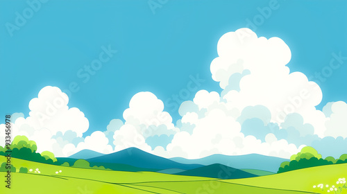 夏の山と入道雲のイラスト風景
