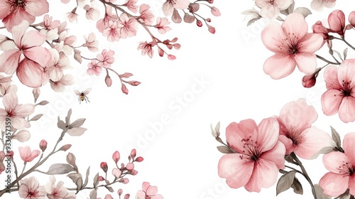 Fototapeta Naklejka Na Ścianę i Meble -  Vintage shabby chic watercolor round frame featuring blooming pink flowers and branches from cherry peach pear sakura apple trees along with English roses and a bee presented as a botanical illustr