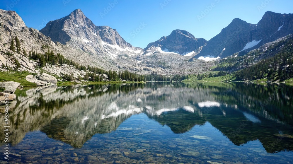 Tranquil Mountain Lake Surrounded by Tall Snow-Capped Peaks with a Glass-Like Surface Reflecting the Clear Sky and Rugged Landscape. AI generated illustration Tranquil Mountain Lake Surrounded by Tall Snow-Capped Peaks with a Glass-Like Surface Reflecting the Clear Sky and Rugged Landscape. AI generated illustration
