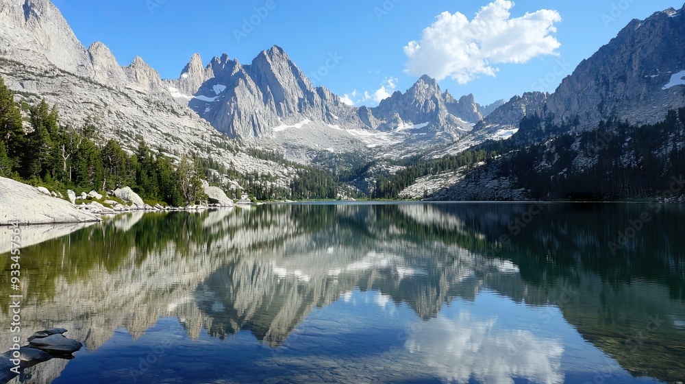 Fototapeta premium Tranquil Mountain Lake Surrounded by Tall Snow-Capped Peaks with a Glass-Like Surface Reflecting the Clear Sky and Rugged Landscape. AI generated illustration