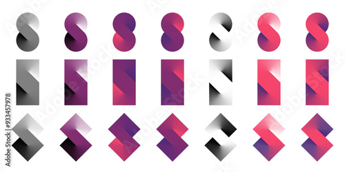 S logo infinite icon. Eight symbol abstract gradient letter endless double loop. Round, square and rhombus tile connect sign. 3d spin shape monochrome colored number 8. Mobius strip swirl flat block