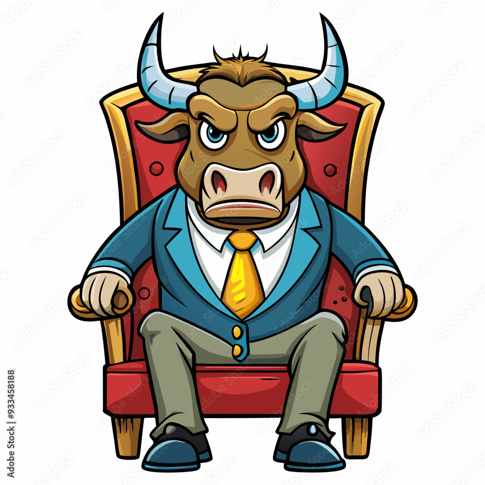 Stylized Angry Bull in a Suit Seated on a Fancy Chair, Hand-Drawn on White Background art vector illustration Stylized Angry Bull in a Suit Seated on a Fancy Chair, Hand-Drawn on White Background art vector illustration