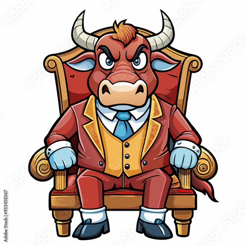 Stylized Angry Bull in a Suit Seated on a Fancy Chair, Hand-Drawn on White Background art vector illustration