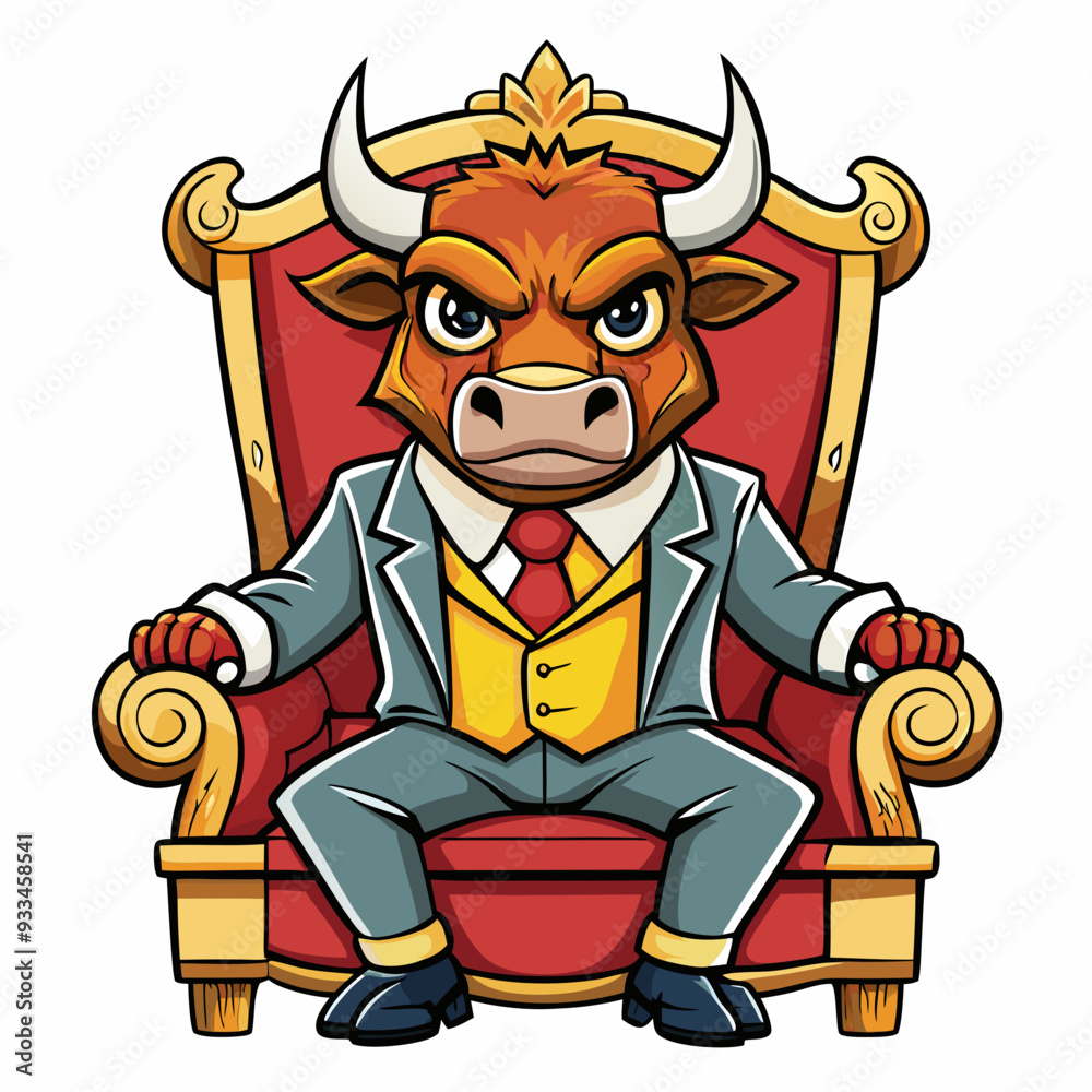 Stylized Angry Bull in a Suit Seated on a Fancy Chair, Hand-Drawn on White Background art vector illustration