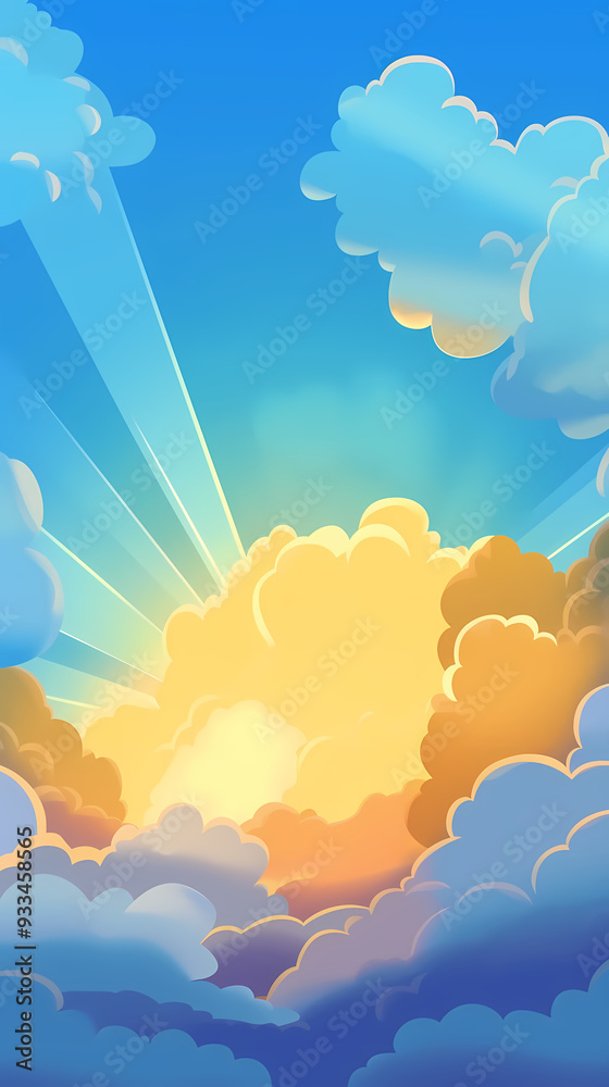 Fototapeta premium Vector evening sky clouds. Anime style background with shining sun and white fluffy clouds. Sunny day sky scene cartoon vector illustration.