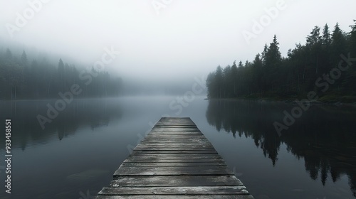 Weathered Wooden Pier Extending into a Foggy Lake with Calm Waters and Dense Forest Barely Visible in the Distance. AI generated illustration