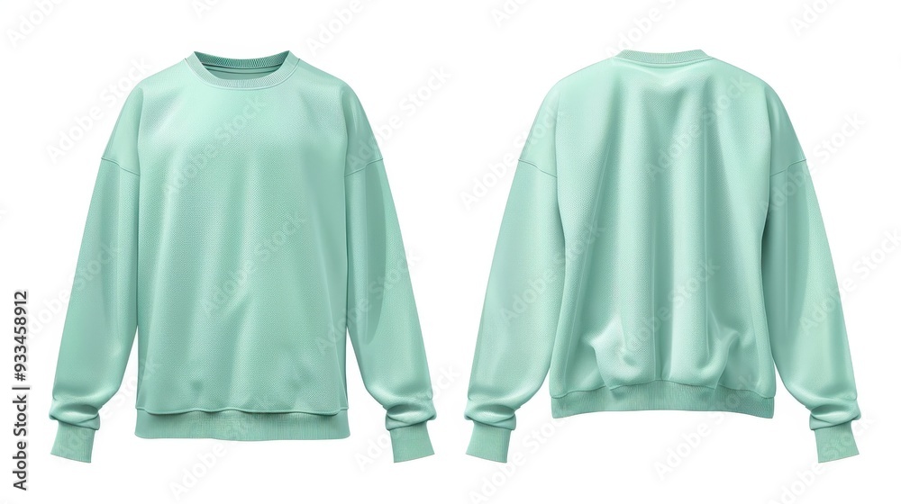 Blank mint green pullover mockup, front and back view, isolated on a white background. Blank mint green pullover mockup, front and back view, isolated on a white background.
