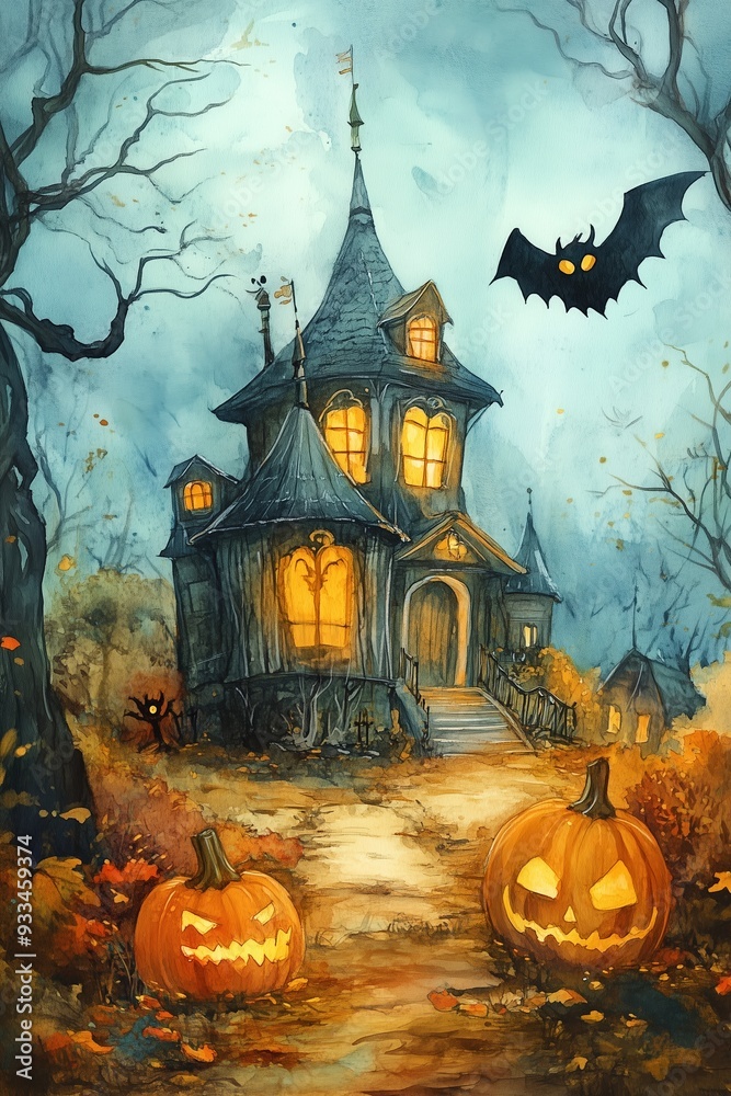 Obraz premium Halloween night background image with spooky castle and pumpkins. Halloween celebration greeting card. Haunted house and full moon, digital watercolor illustration