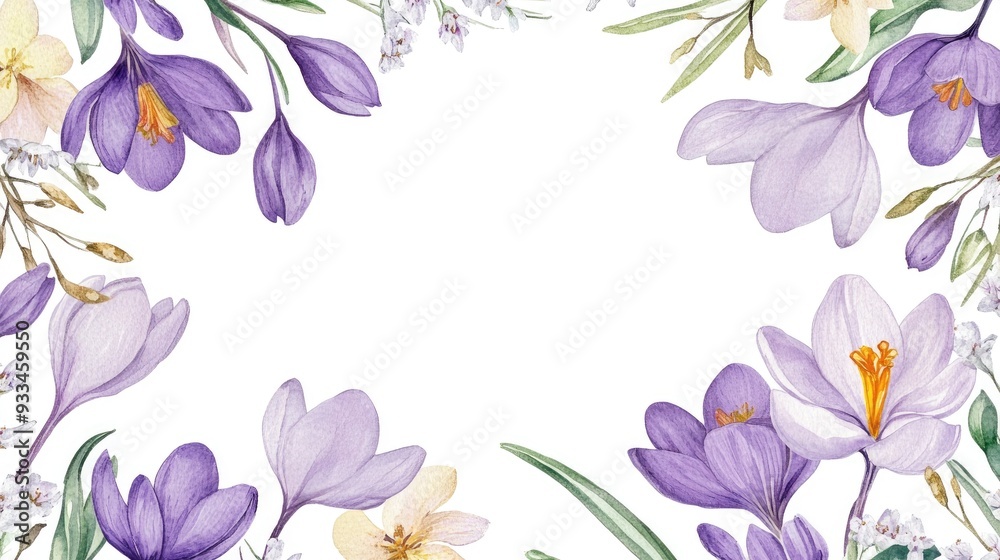 Obraz premium Hand painted watercolor square frame featuring spring flowers including crocus and snowdrops along with branches and leaves Isolated on a white background Suitable for invitations weddings greeting
