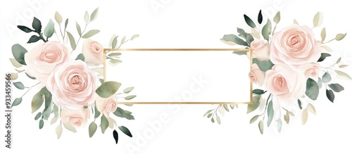 Modern watercolor floral frame template for wedding invitations and cards featuring blush pink roses and green foliage isolated with a golden border and logo design