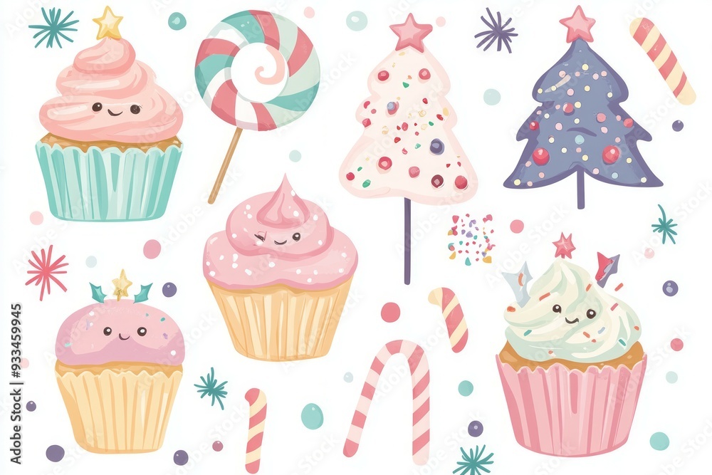 A cute set of clip art featuring different types of sweets, cupcakes and lollipops, candy canes. A cute set of clip art featuring different types of sweets, cupcakes and lollipops, candy canes.