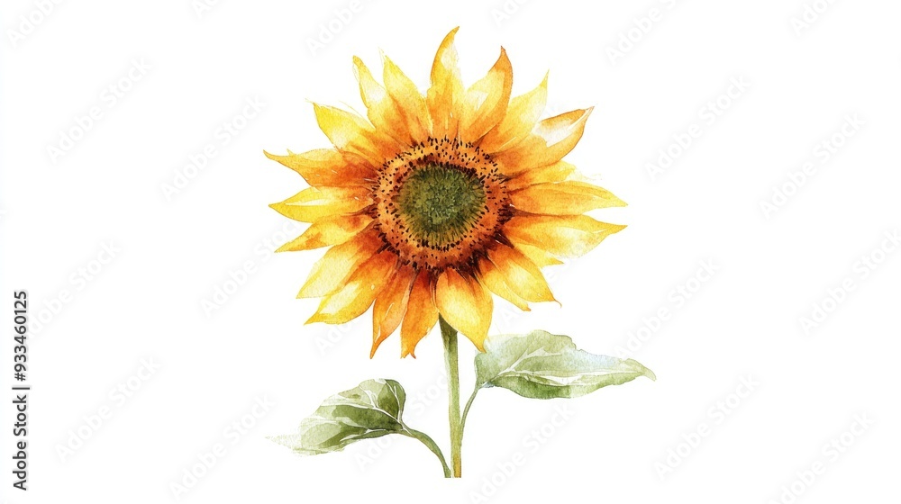 Hand painted watercolor illustration of a solitary sunflower with a vibrant yellow bloom on a white background Hand painted watercolor illustration of a solitary sunflower with a vibrant yellow bloom on a white background