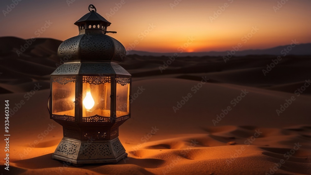 Ornate Lantern Glowing in the Sahara Desert at Sunset Ornate Lantern Glowing in the Sahara Desert at Sunset