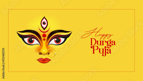 Indian religious durga puja festival background and poster design with goddess durga face illustration, Goddess Durga Face in Happy Dussehra Subh Navratri.	