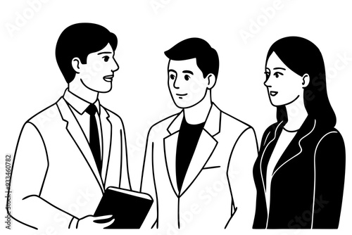 Single Line Vector Illustration Two Businessmen and Businesswoman in Dialogue with Speech Bubble art vector illustration