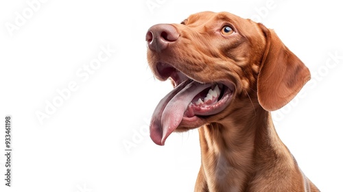 A brown dog with a pink tongue sticking out. The dog is smiling and he is happy