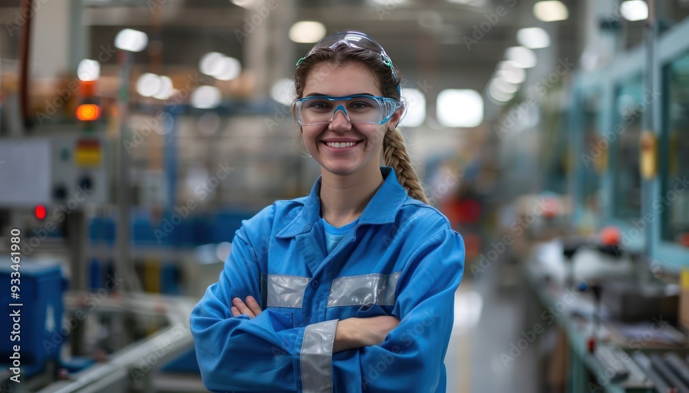 Worker in blue workwear, arms crossed, smiling, production line backdrop, photorealism, detailed. Worker in blue workwear, arms crossed, smiling, production line backdrop, photorealism, detailed.