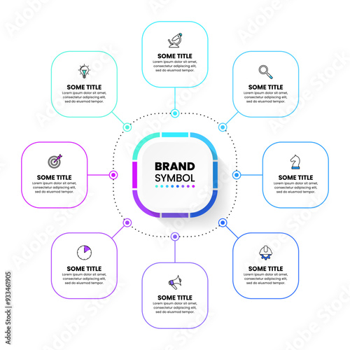 Infographic template. 8 linked squares with a title in the middle
