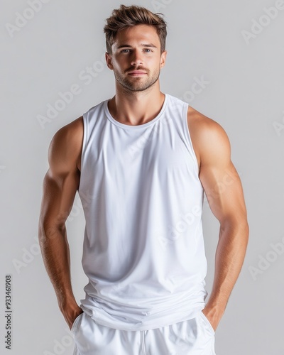 A fit young man posing confidently in a sleeveless white top, showcasing strength and athleticism against a neutral background.