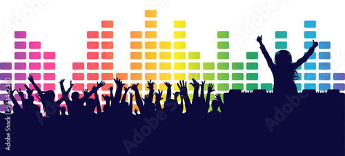 Dj playing music for party people cheering with colorful equalizer background. Vector illustration