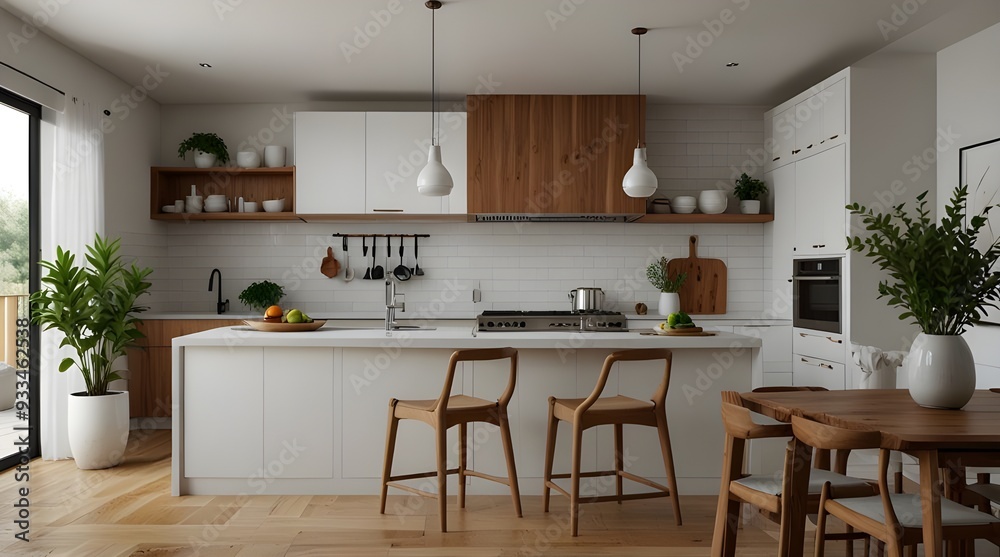 Kitchen Interior Design Minimalistic Chic Series: a monochromatic white palette with warm wood accents, clean lines, and pops of greenery. generative.ai
