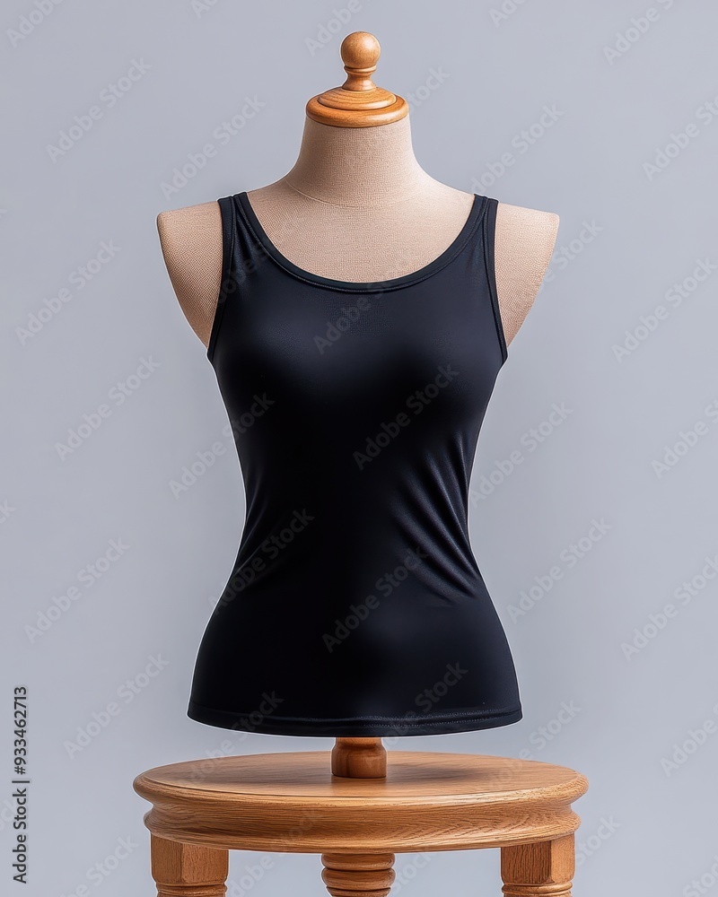 A sleek black tank top displayed on a wooden mannequin, perfect for showcasing fashion and apparel designs. A sleek black tank top displayed on a wooden mannequin, perfect for showcasing fashion and apparel designs.