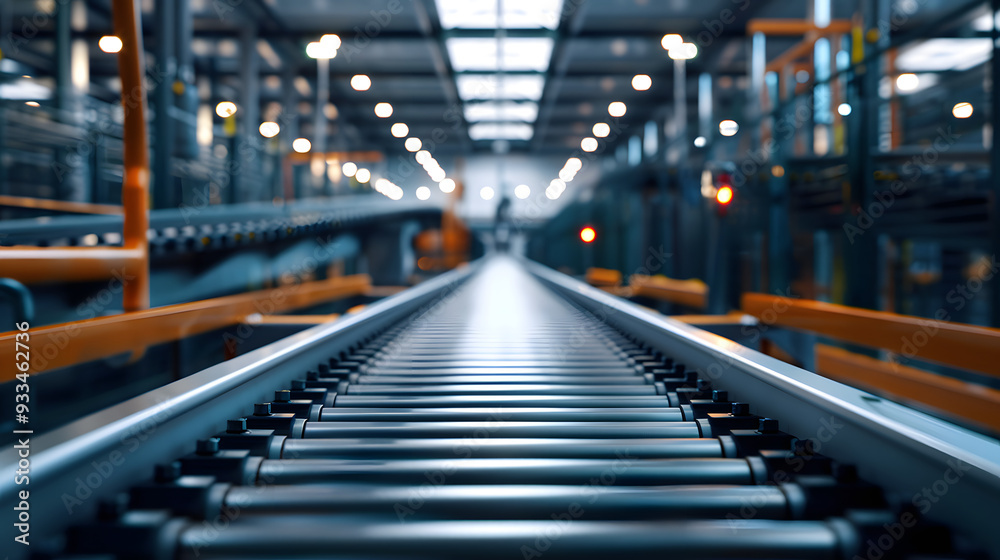 Close-up view of an automated conveyor belt in a modern factory, illuminated by orange lights, signifying advanced manufacturing technology Close-up view of an automated conveyor belt in a modern factory, illuminated by orange lights, signifying advanced manufacturing technology