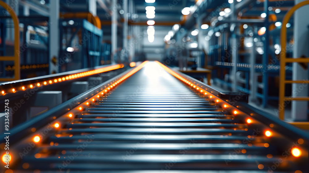 Close-up view of an automated conveyor belt in a modern factory, illuminated by orange lights, signifying advanced manufacturing technology Close-up view of an automated conveyor belt in a modern factory, illuminated by orange lights, signifying advanced manufacturing technology