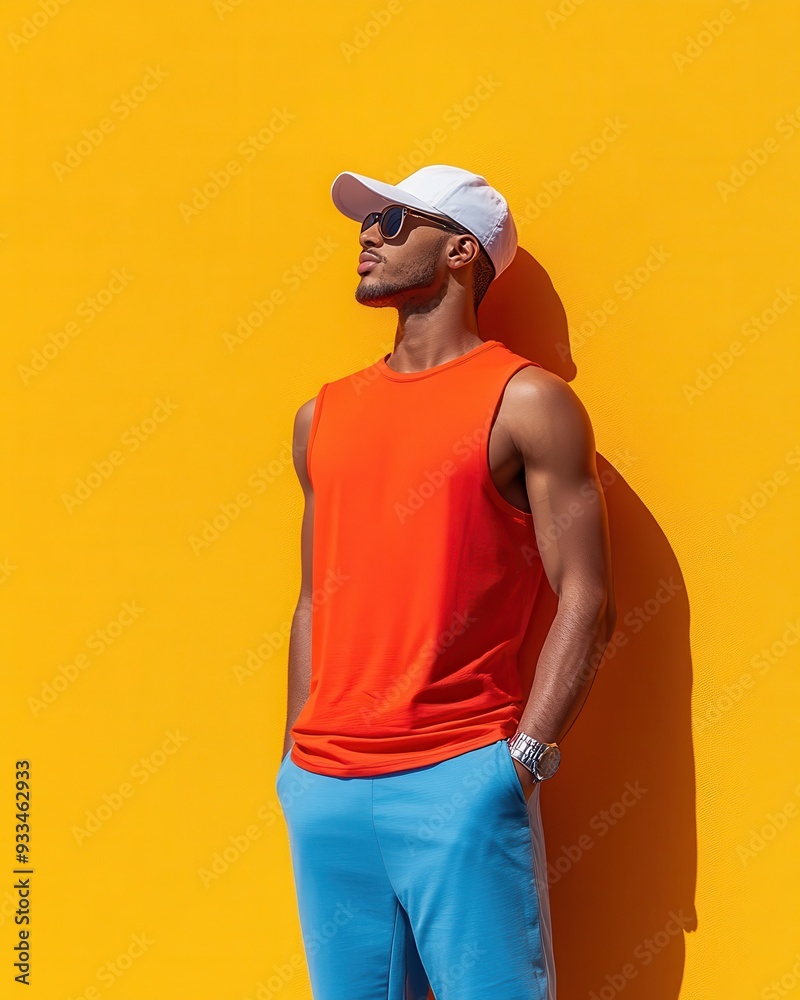 A stylish man in an orange tank top and blue shorts leans against a vibrant yellow wall, exuding confidence and summer vibes. A stylish man in an orange tank top and blue shorts leans against a vibrant yellow wall, exuding confidence and summer vibes.