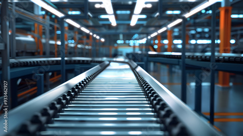 Close-up view of an automated conveyor belt in a modern factory, illuminated by orange lights, signifying advanced manufacturing technology