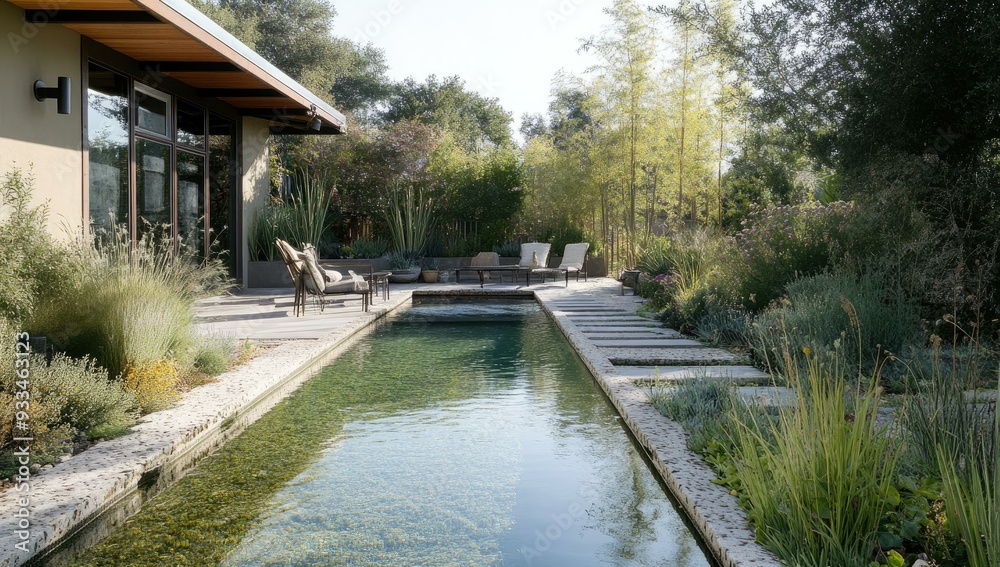 Modern poolside patio with lush greenery. Modern poolside patio with lush greenery.