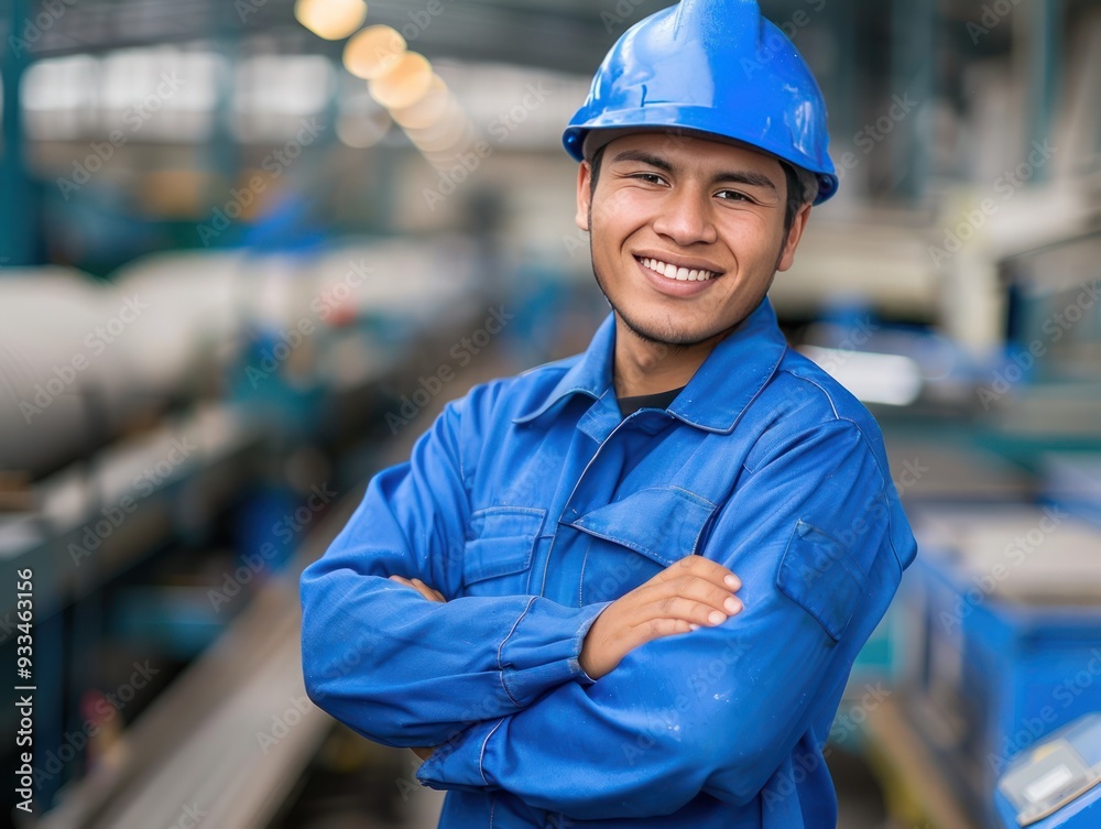 Worker in blue workwear, arms crossed, smiling, production line background, photorealism style. Worker in blue workwear, arms crossed, smiling, production line background, photorealism style.