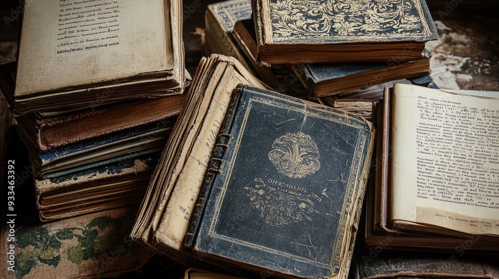 Obraz premium Vintage Charm: Antique Book Covers and Yellowed Pages as a Captivating Poster for Literary-Themed Interiors and Cozy Reading Nooks