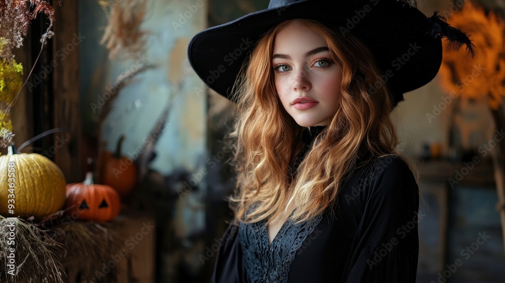 Beautiful young woman in witch costume on halloween party. Holiday event halloween banner background concept with generative ai Beautiful young woman in witch costume on halloween party. Holiday event halloween banner background concept with generative ai