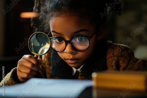 A young investigator carefully studies a clue with a magnifying glass, reflecting their keen interest in uncovering secrets and solving mysteries. photo