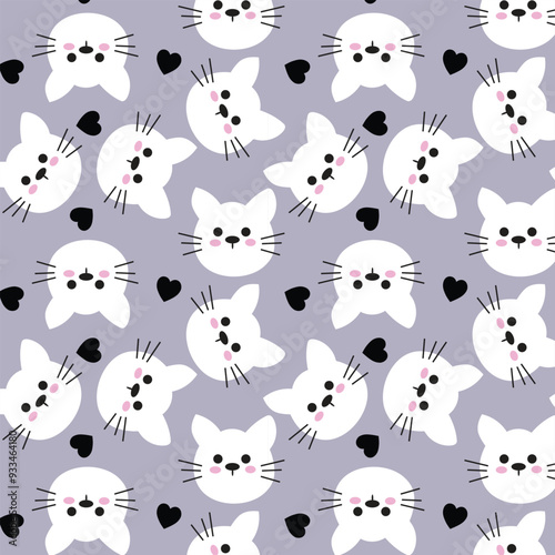 Cute cat seamless pattern background with heart.