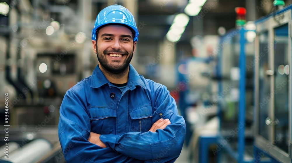 Worker in blue workwear, arms crossed, smiling, production line background, photorealism, detailed. Worker in blue workwear, arms crossed, smiling, production line background, photorealism, detailed.