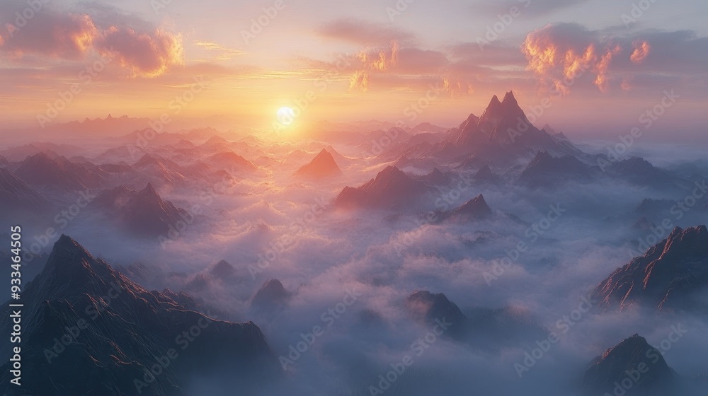 Majestic Mountain Range: Sunrise Scenery with Mystical Mist Over Valleys Majestic Mountain Range: Sunrise Scenery with Mystical Mist Over Valleys