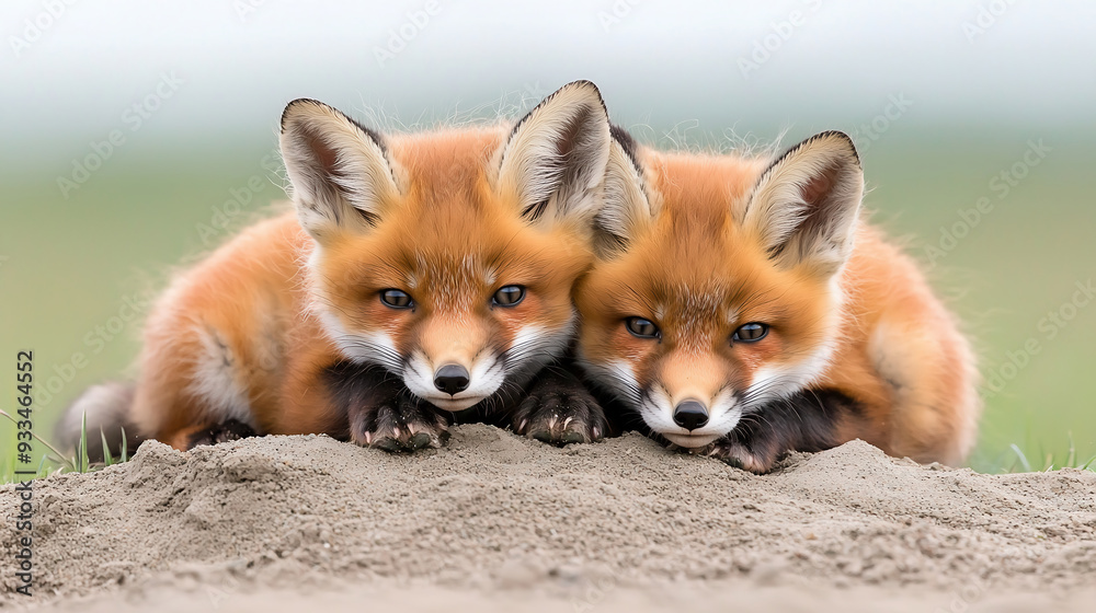 Fototapeta premium Two Red Fox Kits Laying On Top Of Sandy Burrow, Looking At Camera. 