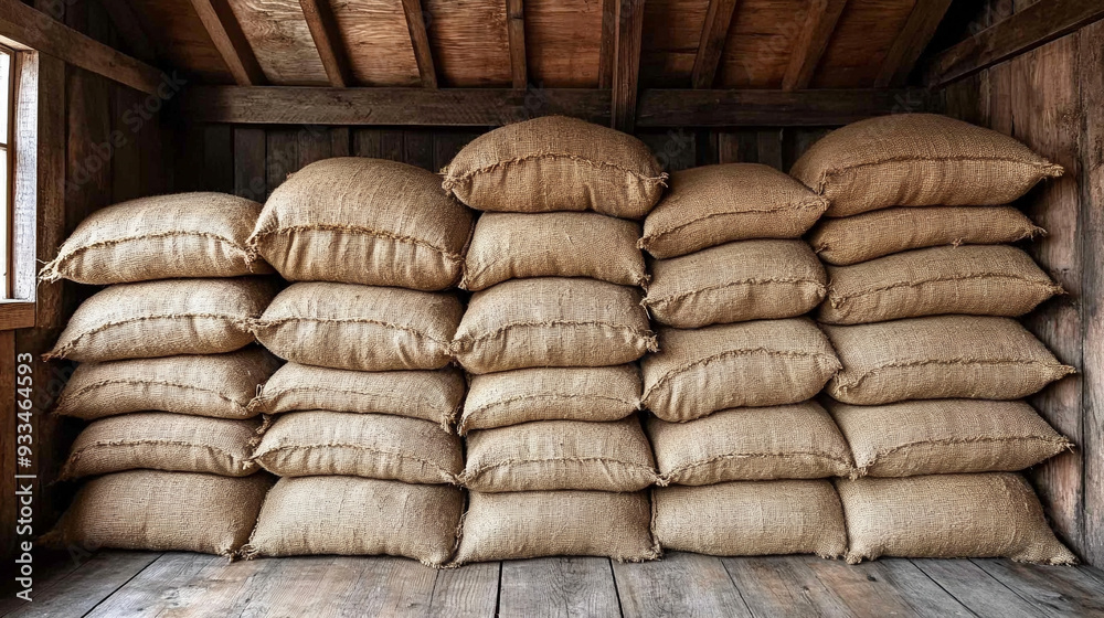 Stacks of burlap sacks are neatly arranged in a dimly lit warehouse, casting shadows that emphasize the texture and weight of the sacks. The scene conveys a sense of abundance, storage, and rustic ind Stacks of burlap sacks are neatly arranged in a dimly lit warehouse, casting shadows that emphasize the texture and weight of the sacks. The scene conveys a sense of abundance, storage, and rustic ind