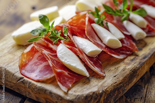 Jamon Iberico served with mozzarella and gouda cheese on a rustic wooden board. Ai generative photo